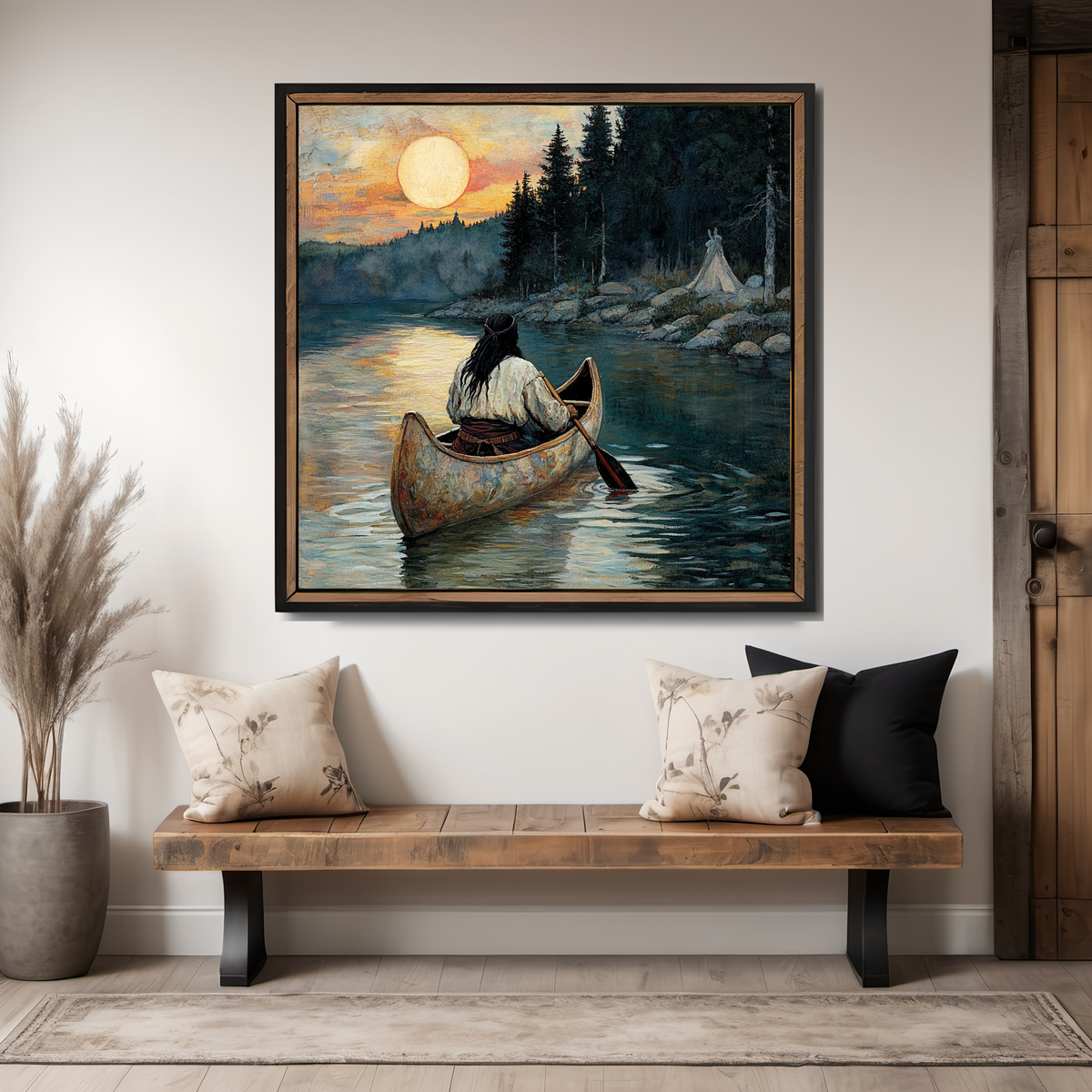 Homeward Across the Water Indigenous Canoe Lakeside Landscape Art (Digital Download)