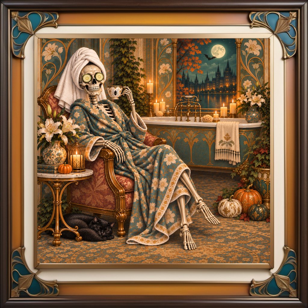 Skeleton Spa Art Nouveau Gothic Bathroom Halloween Wall Art (Digital Download)