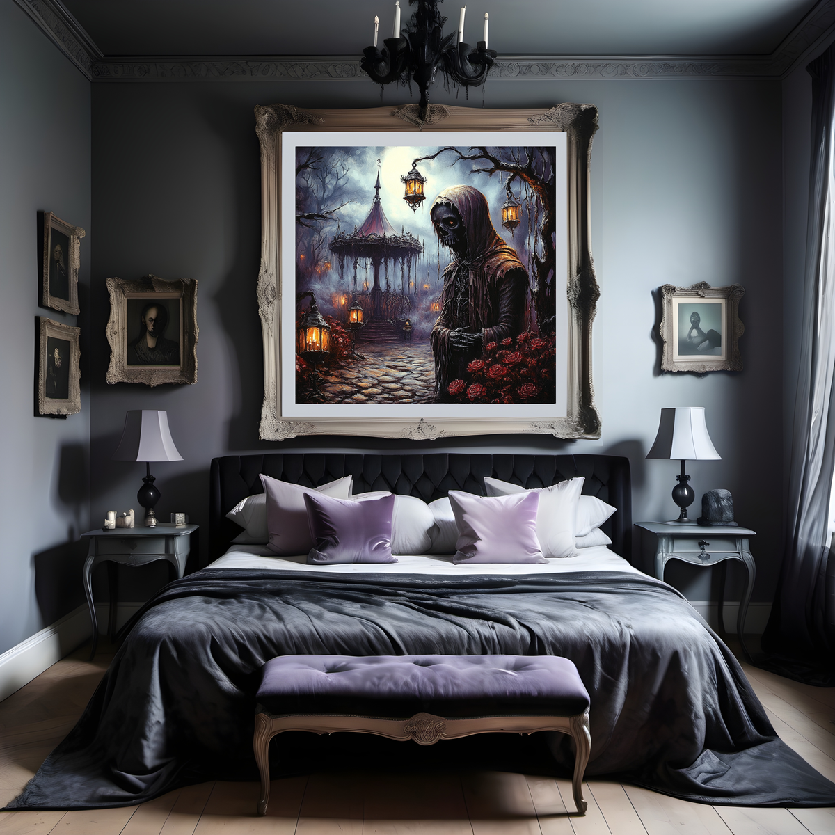 Gothic Grim Reaper Wall Art Haunted Garden Lantern Keeper Dark Fantasy Halloween Decor Digital Download