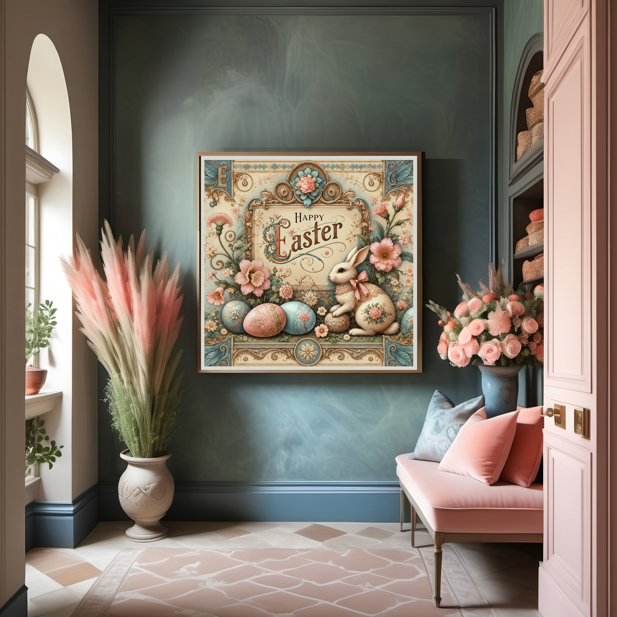 Vintage Easter Bunny Print: Victorian Floral Easter Eggs (Digital Download)