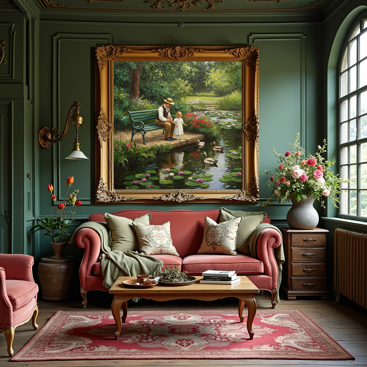 Father & Daughter Duck Pond Painting: Vintage Garden Art Print (Digital Download)