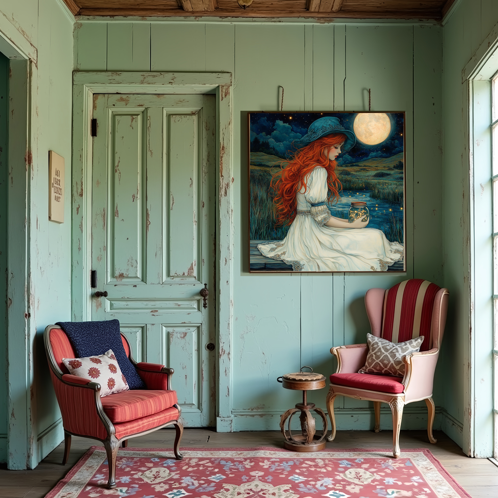 Moonlit Fireflies Red Haired Woman Holding Fireflies Under Full Moon Fantasy Wall Art Digital Download