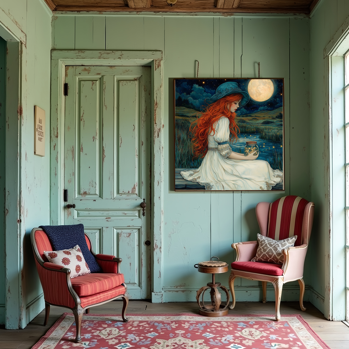 Moonlit Fireflies Red Haired Woman Holding Fireflies Under Full Moon Fantasy Wall Art Digital Download