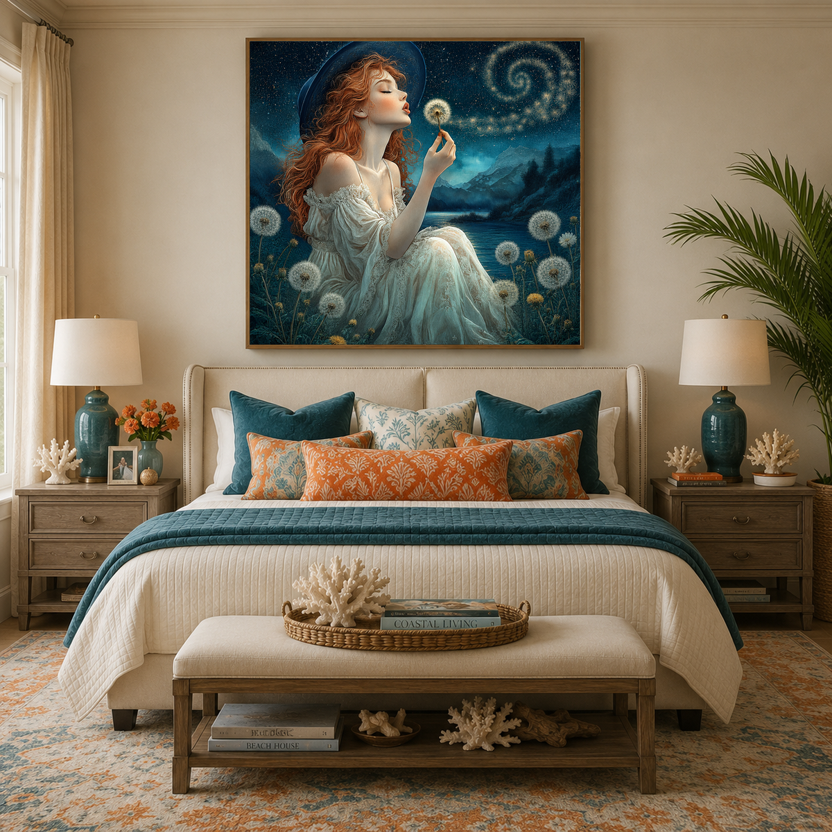 Woman Blowing a Dandelion at Night Romantic Dreamscape Fantasy Wall Art Digital Download
