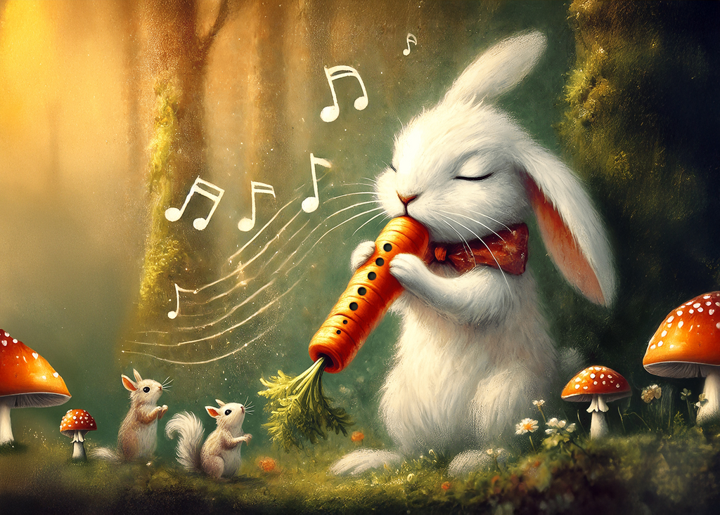 Bunny Carrot Flute Easter Card, Whimsical Rabbit Art (Digital Download)