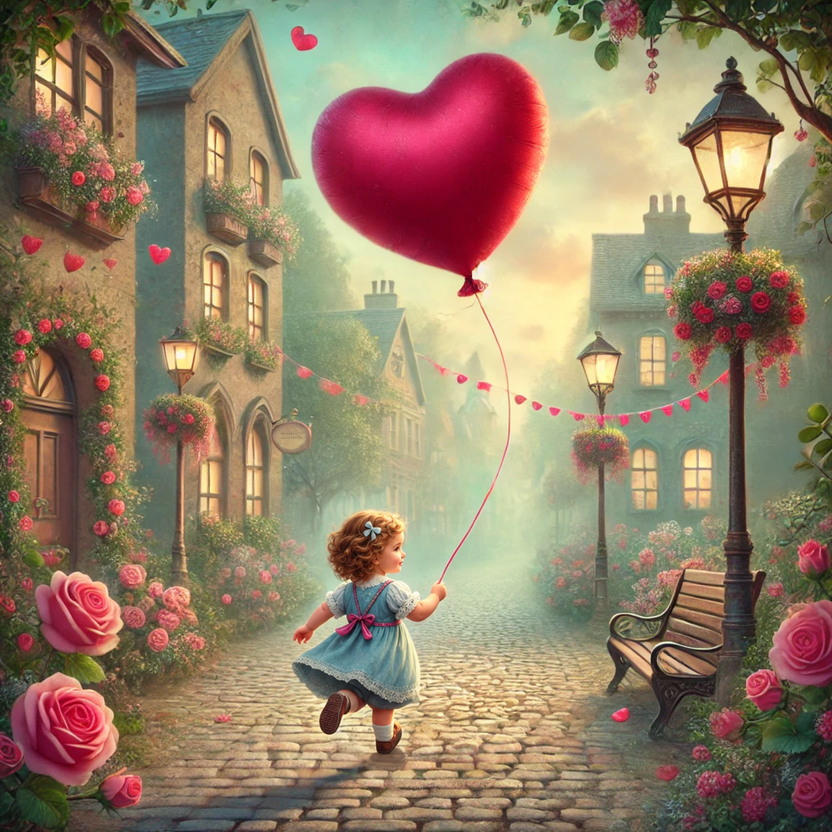 Valentine Village Art Print: Whimsical Heart Balloon, Cottagecore Decor (Digital Download) 2