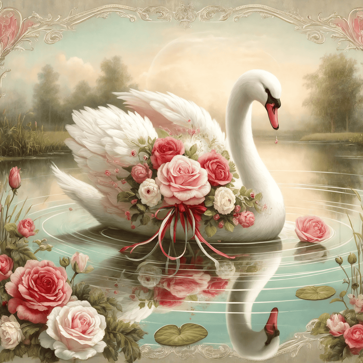 Vintage Swan & Roses Wall Art: Romantic Floral Home Decor (Digital Download)