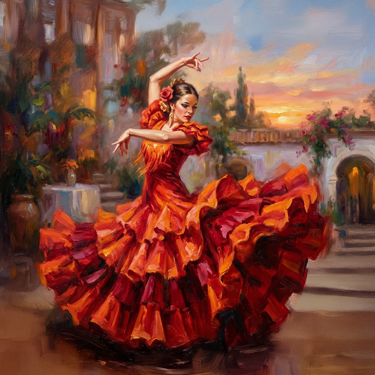 Flamenco Dancer Oil Painting Spanish Courtyard Dance Wall Art (Digital Download)