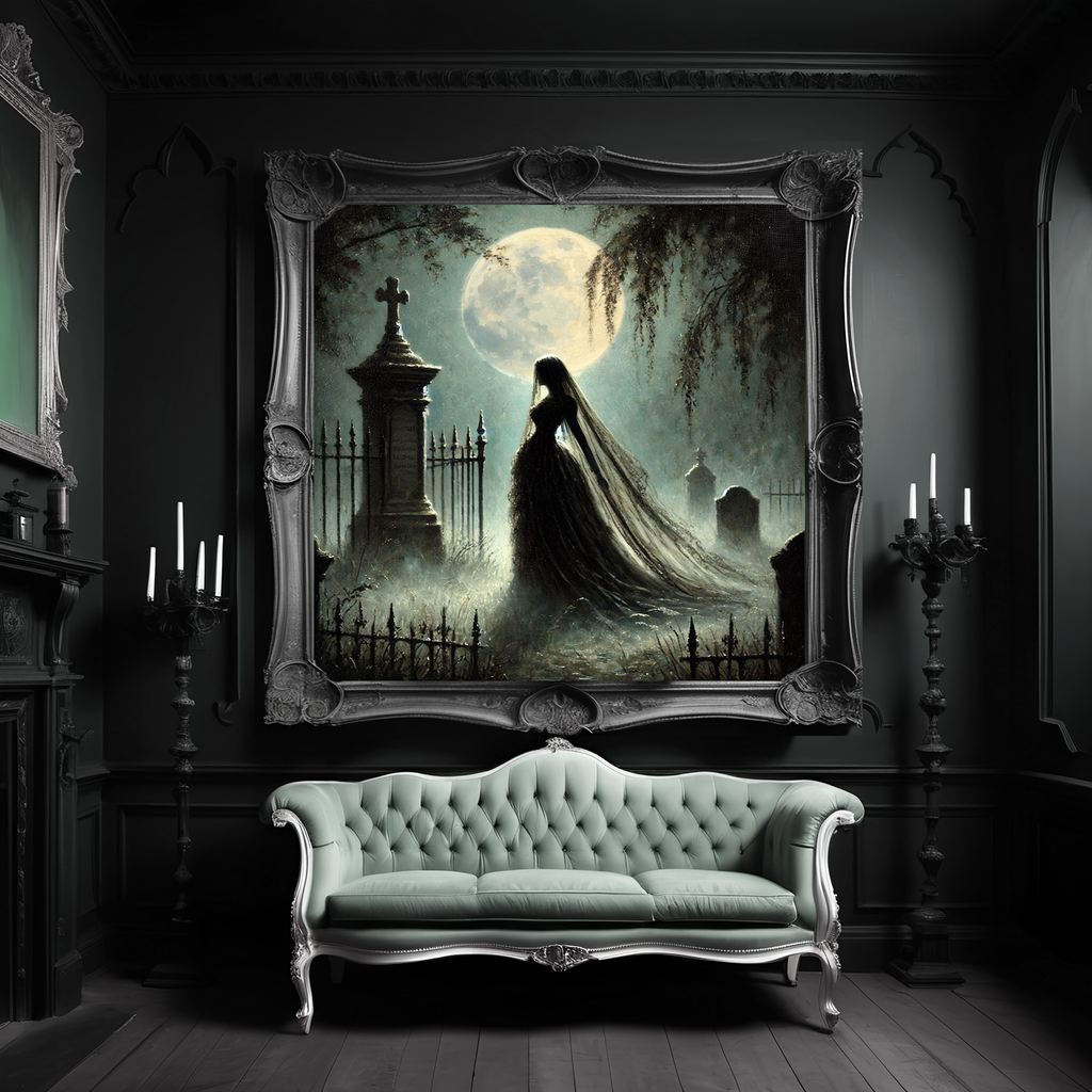Ghost Bride Graveyard Art: Gothic Halloween Cemetery Print (Digital Download)