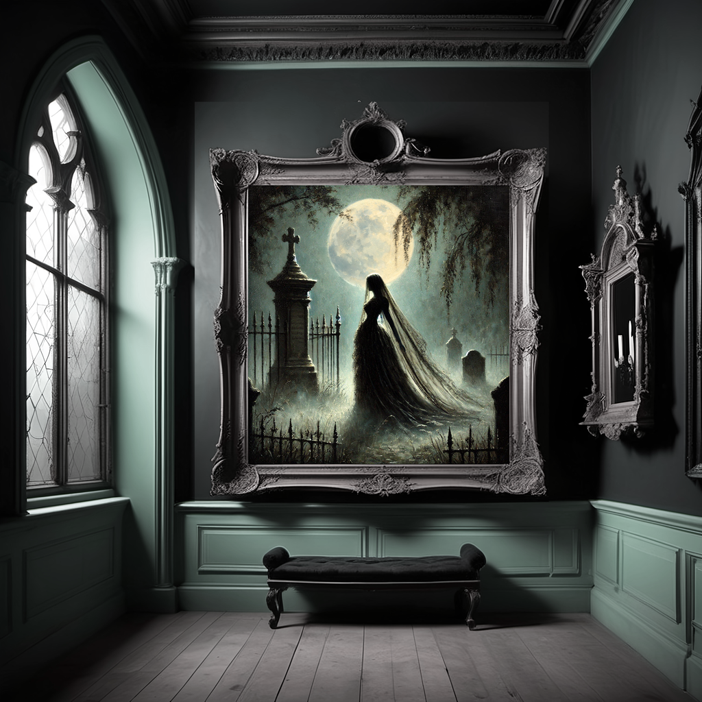 Ghost Bride Graveyard Art: Gothic Halloween Cemetery Print (Digital Download)