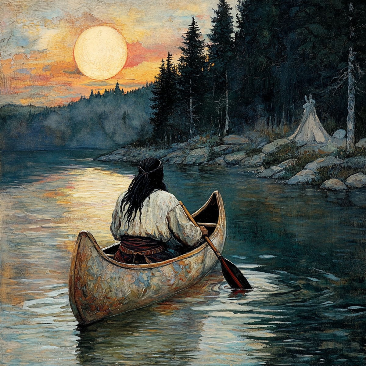Homeward Across the Water Indigenous Canoe Lakeside Landscape Art (Digital Download)