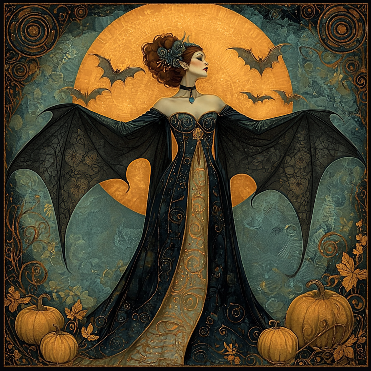 Mistress of the Moon Art Nouveau Vampire Bat Woman Gothic Wall Art (Digital Download)