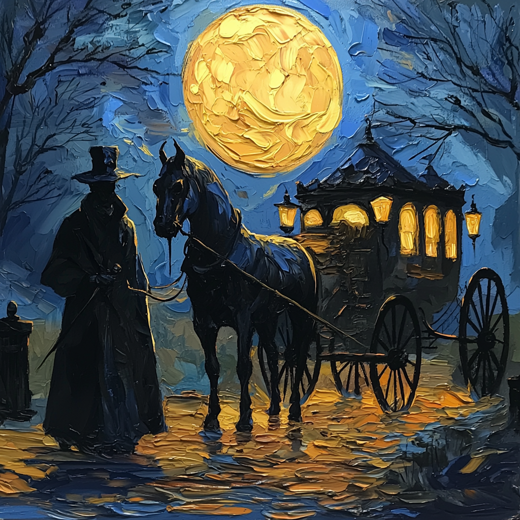 Moonlit Carriage of Shadows Digital Art Oil Painting Vintage Home Decor Gothic Halloween Art Haunted Carriage Wall Decor
