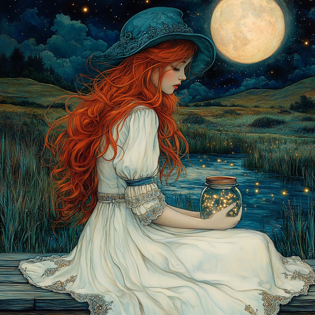 Moonlit Fireflies Red Haired Woman Holding Fireflies Under Full Moon Fantasy Wall Art Digital Download