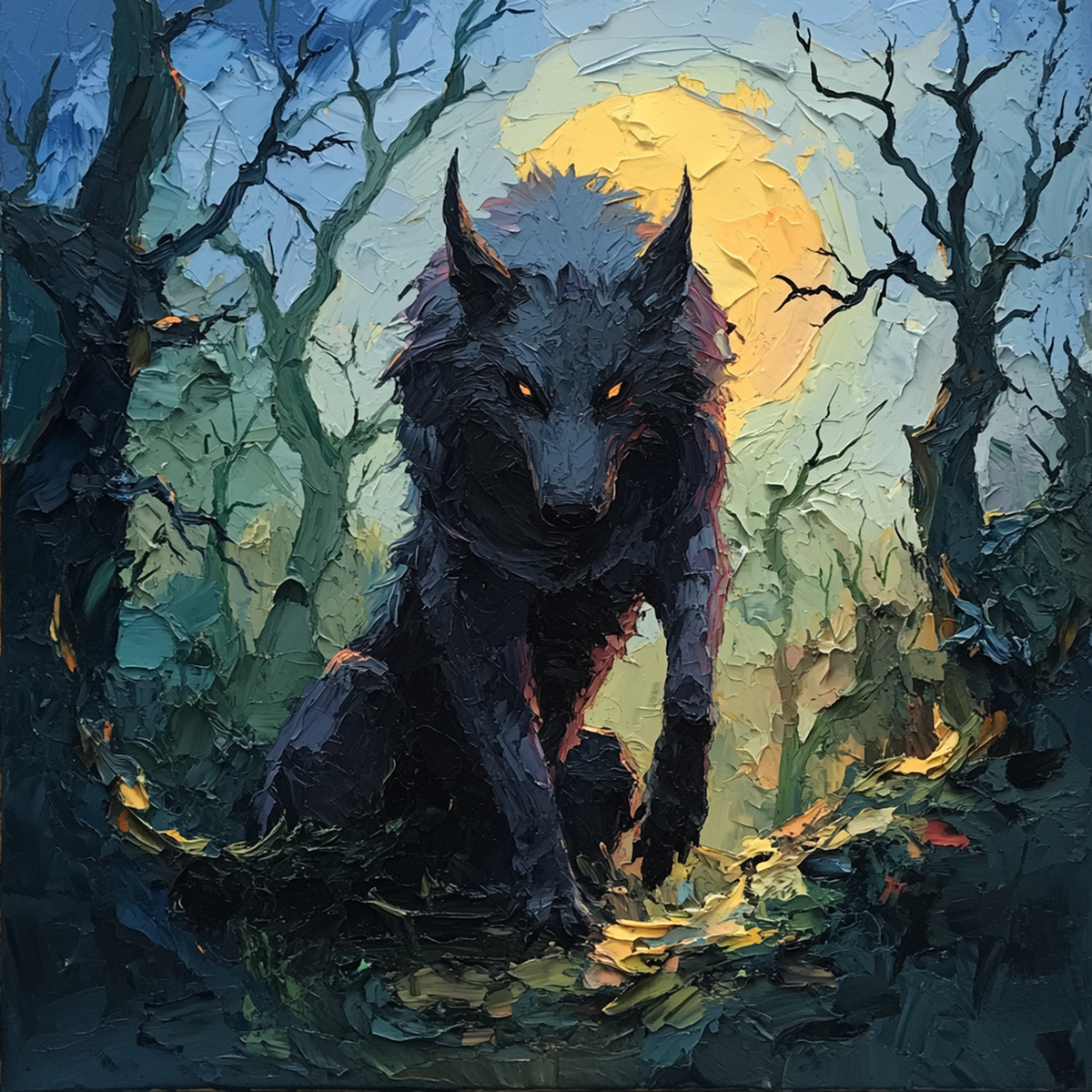 Gothic Wolf Oil Painting: Moonlit Stalker, Dark Cottagecore Art (Digital Download)