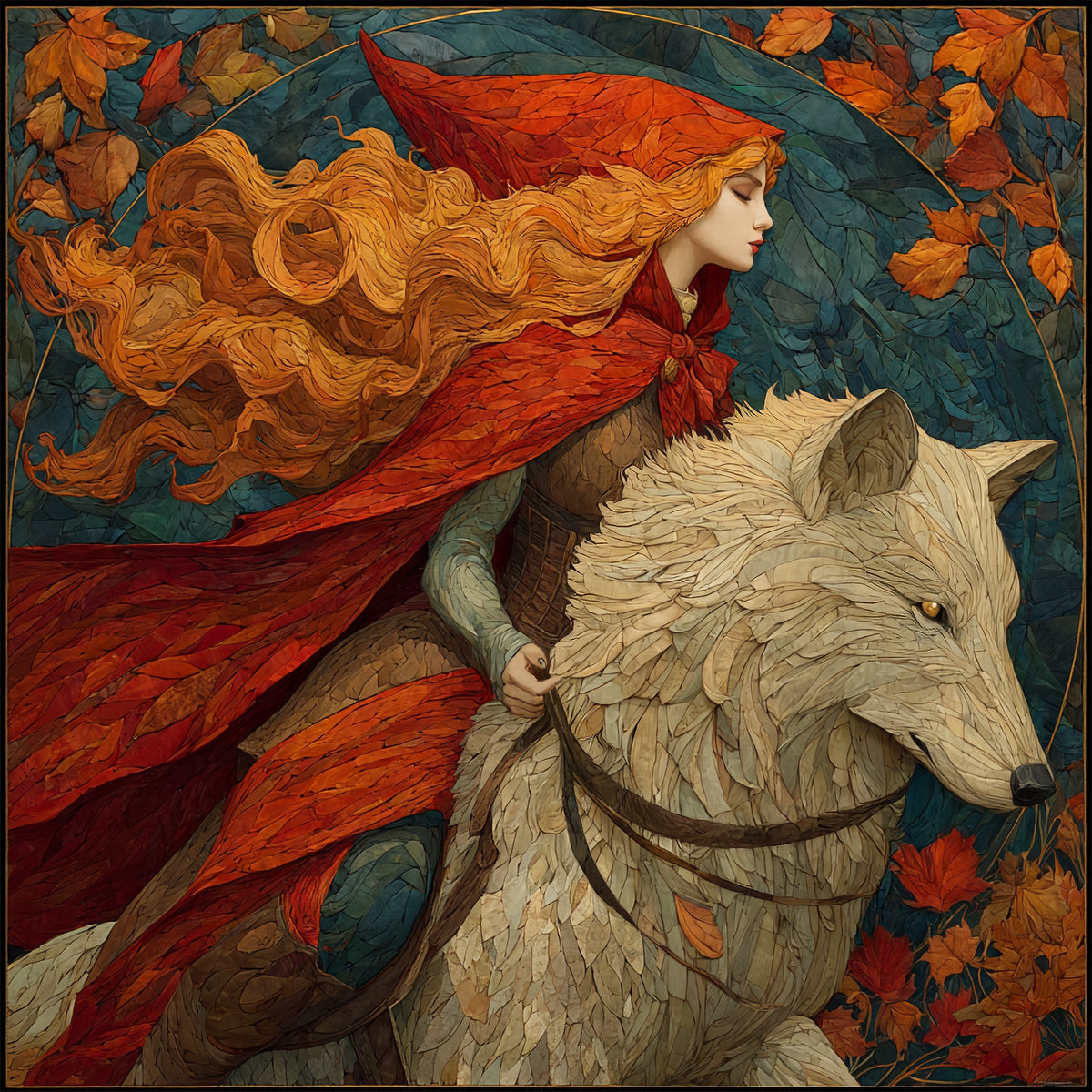 Little Red Riding Hood Wolf Ride: Autumn Folklore Fantasy Art (Digital Download)