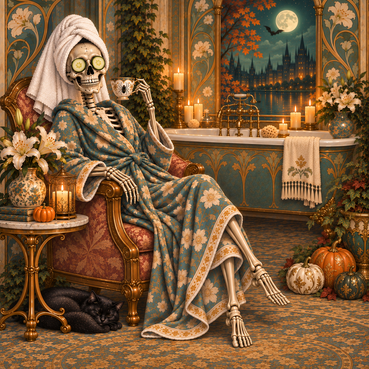 Skeleton Spa Art Nouveau Gothic Bathroom Halloween Wall Art (Digital Download)
