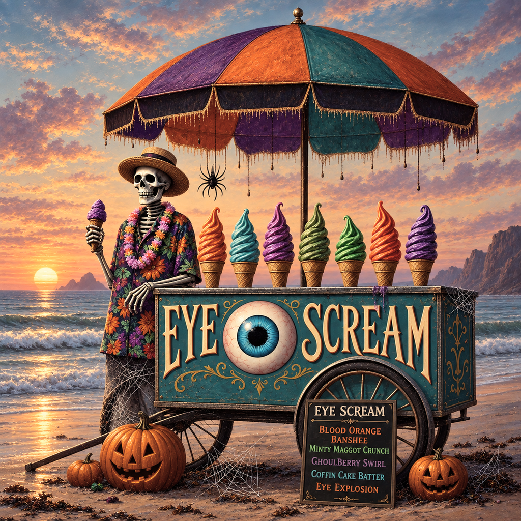 Skeleton Ice Cream Cart Print: Spooky Summerween Beach Art (Digital Download)