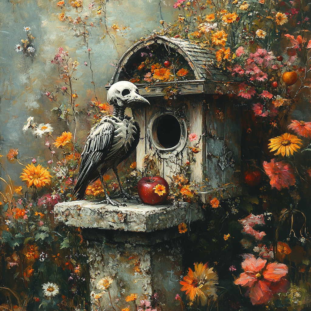 The Garden Keeper Skeleton Bird Whimsical Gothic Cottage Garden Wall Art Digital Download