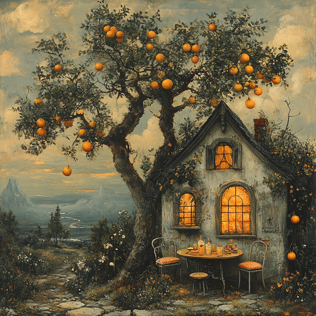 The Orange Cottage Vintage Gothic Cottage Under an Orange Tree Cozy Cottagecore Wall Art Digital Download