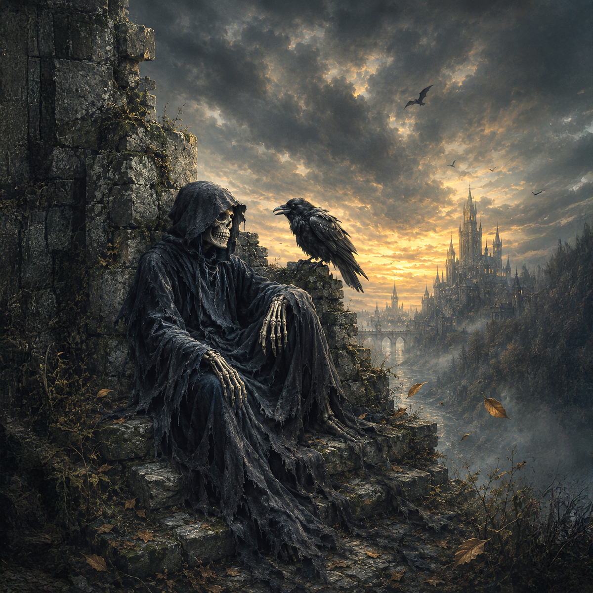 Grim Reaper Raven Art Gothic Castle Dark Fantasy Halloween Wall Decor (Digital Download)