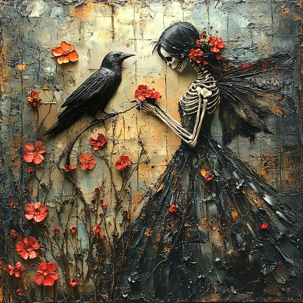The Raven's Offering Skeleton Fairy Gothic Fantasy Raven Wall Art Digital Download