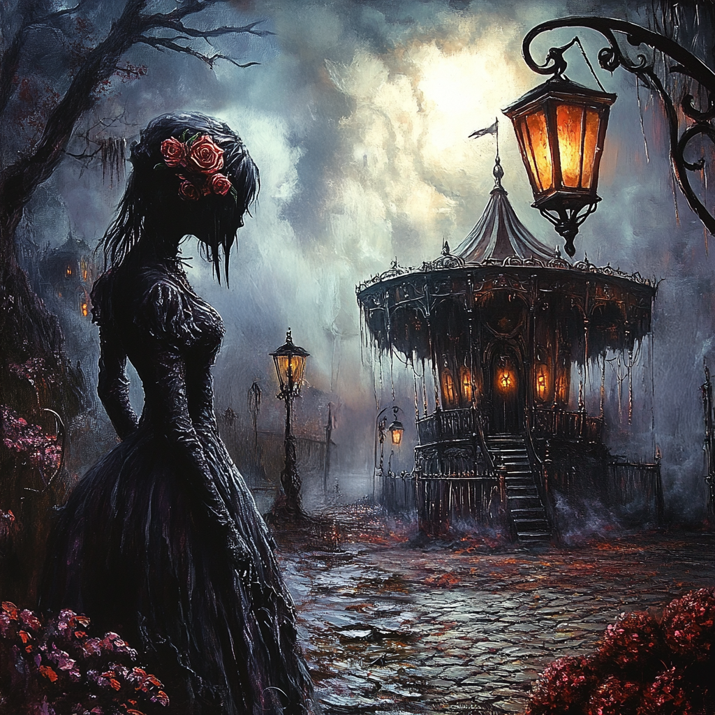 Gothic Woman Wall Art Haunted Carousel Dark Romantic Fantasy Halloween Decor Digital Download