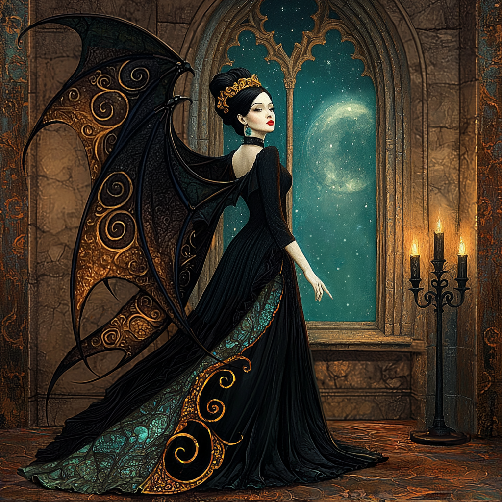 The Verdigris Queen Gothic Winged Woman Art Nouveau Fantasy Wall Art Dark Romantic Decor (Digital Download)