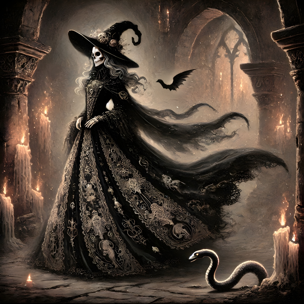 Gothic Witch Skeleton Art Print: Dark Fantasy Halloween Decor (Digital Download)