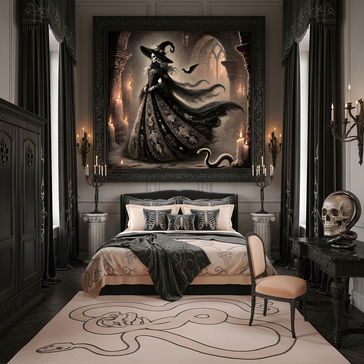 Gothic Witch Skeleton Art Print: Dark Fantasy Halloween Decor (Digital Download)