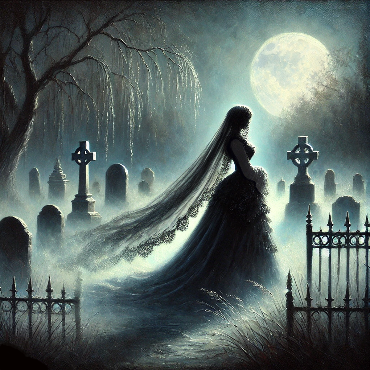 Gothic Ghost Bride Print: Haunted Graveyard Halloween Decor (Digital Art Download)