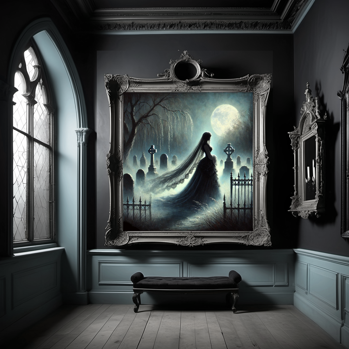 Gothic Ghost Bride Print: Haunted Graveyard Halloween Decor (Digital Art Download)
