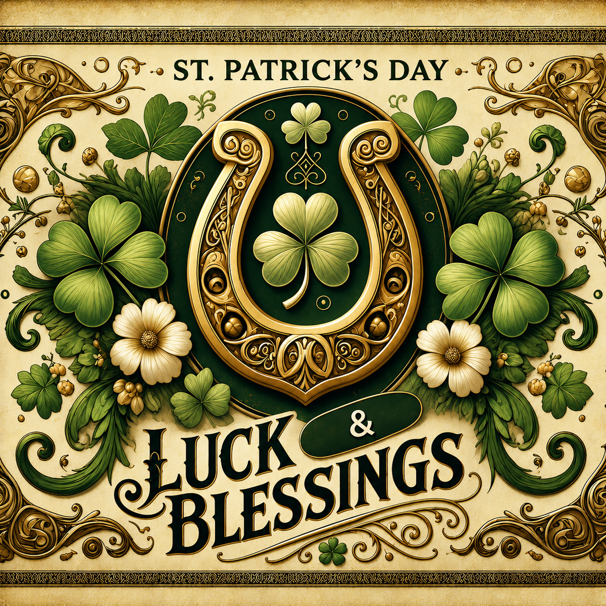 Vintage St Patricks Day Sign: Luck and Blessings, Irish Shamrock (Digital Print)