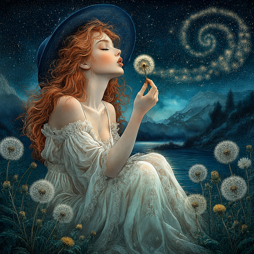 Woman Blowing a Dandelion at Night Romantic Dreamscape Fantasy Wall Art Digital Download