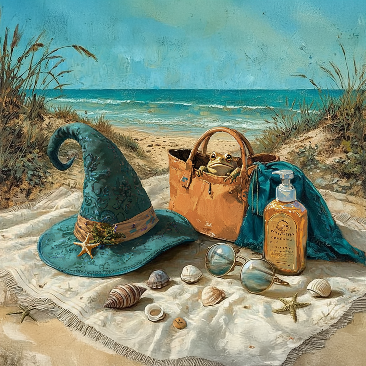 Vintage Coastal Halloween Witch Hat Beach Still Life with Frog, Seashells & Summer Decor Wall Art Printable (Digital Download)