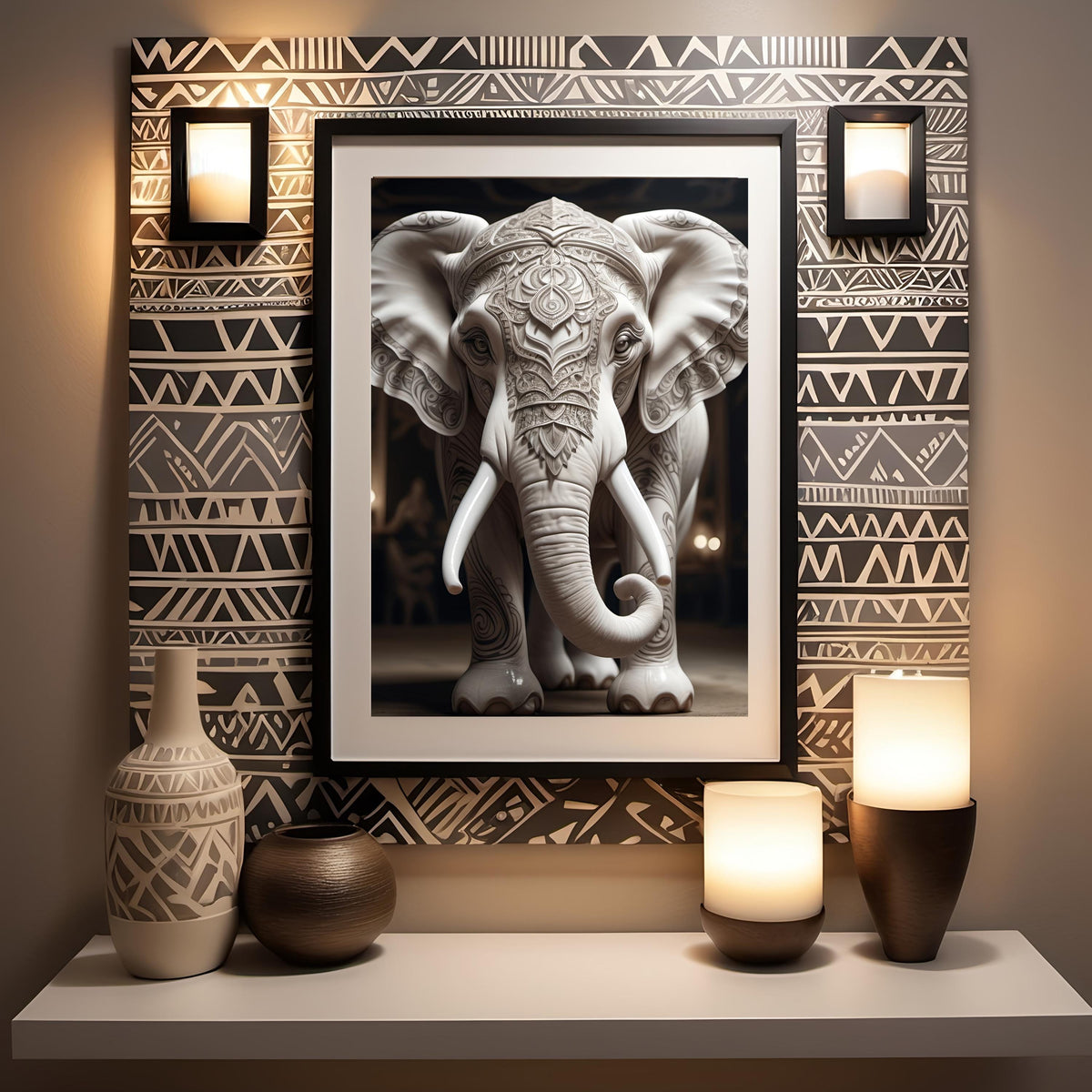Tattooed Elephant Art Print: AI Generated Animal Wall Decor (Digital Download)