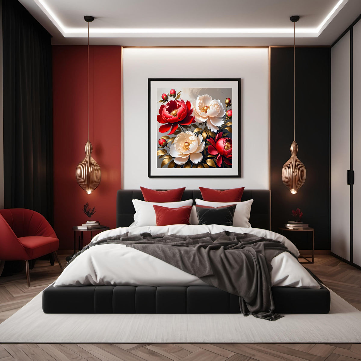 Red Peony Floral Art Print: Romantic Living Room Decor (Digital Download)