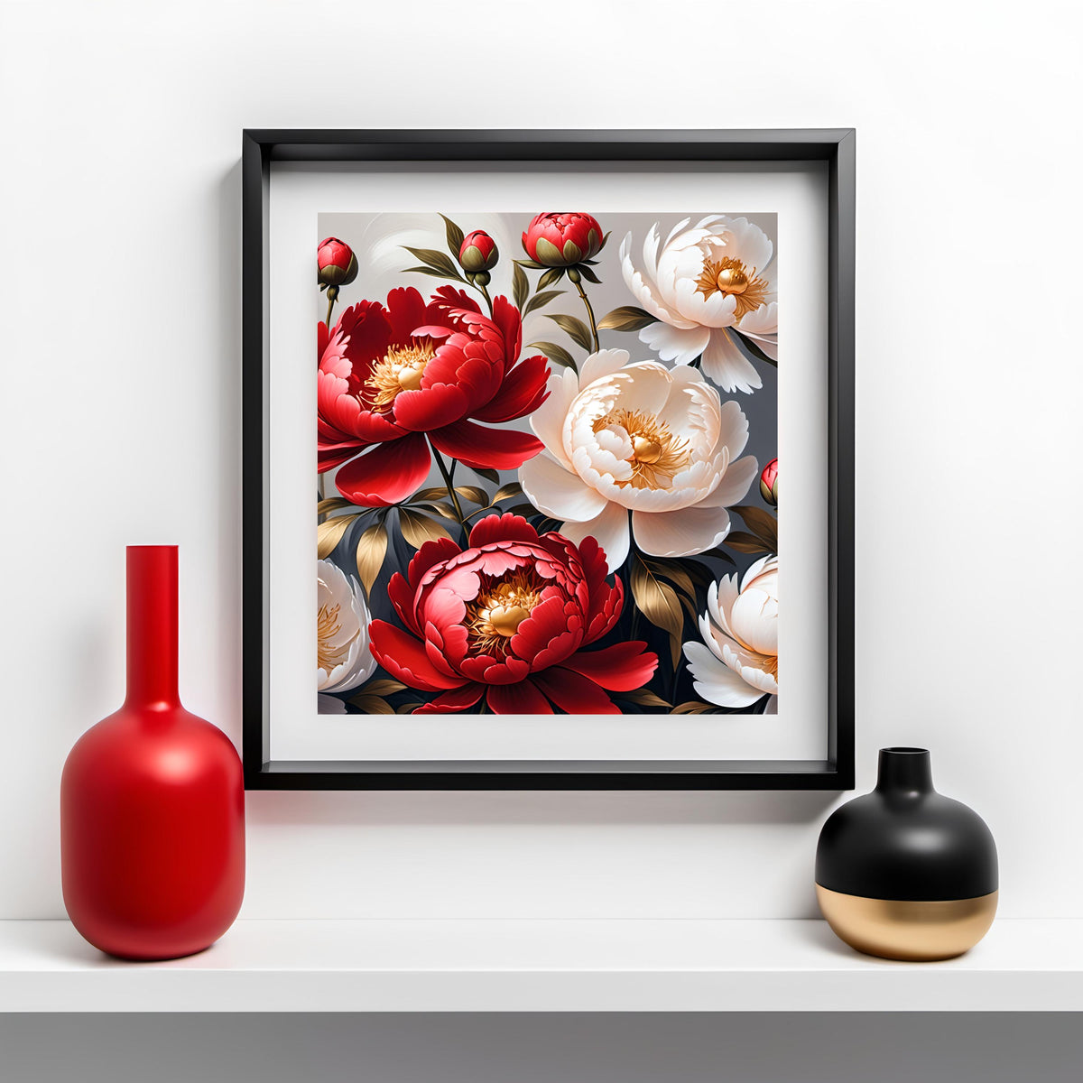 Red and White Peony Floral Painting: Elegant 4K Digital Art (Digital Download)