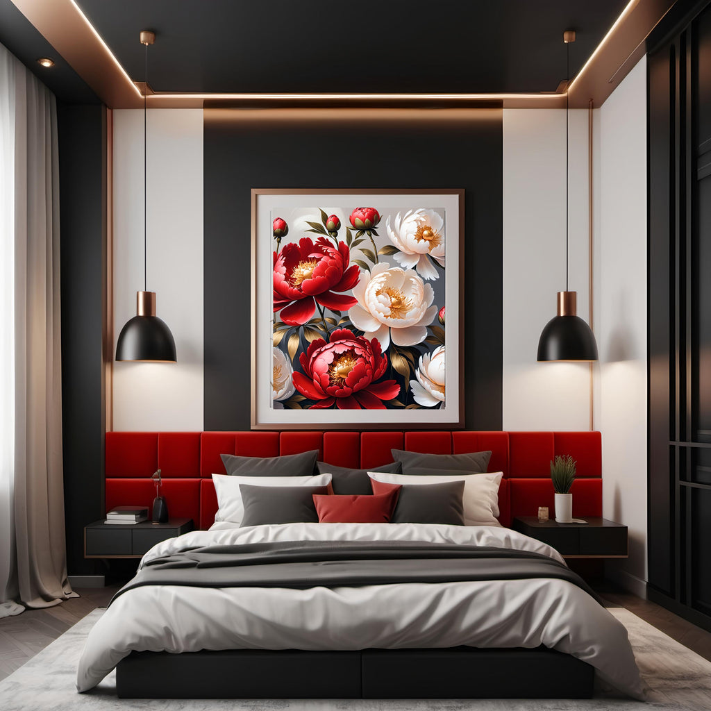Red and White Peony Floral Painting: Elegant 4K Digital Art (Digital Download)