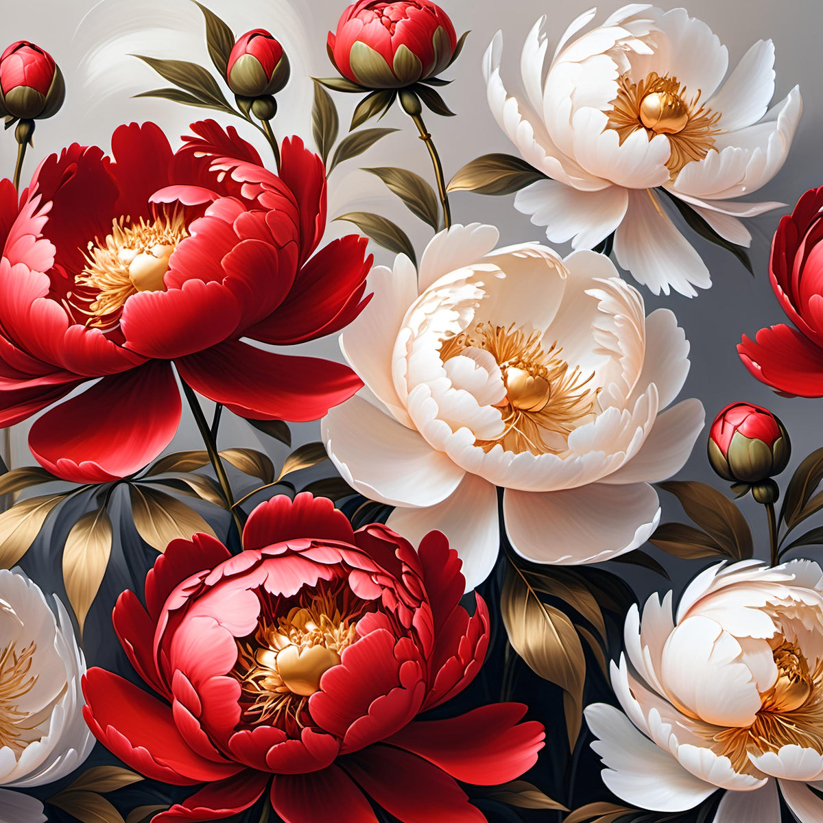 Red and White Peony Floral Painting: Elegant 4K Digital Art (Digital Download)