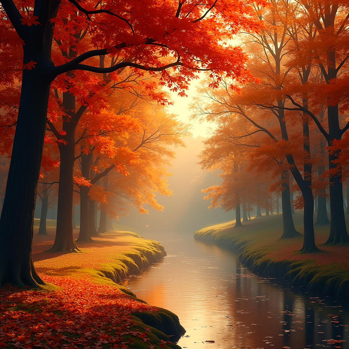 Autumn River Landscape Art: Serene Fall Forest Print (Digital Download)