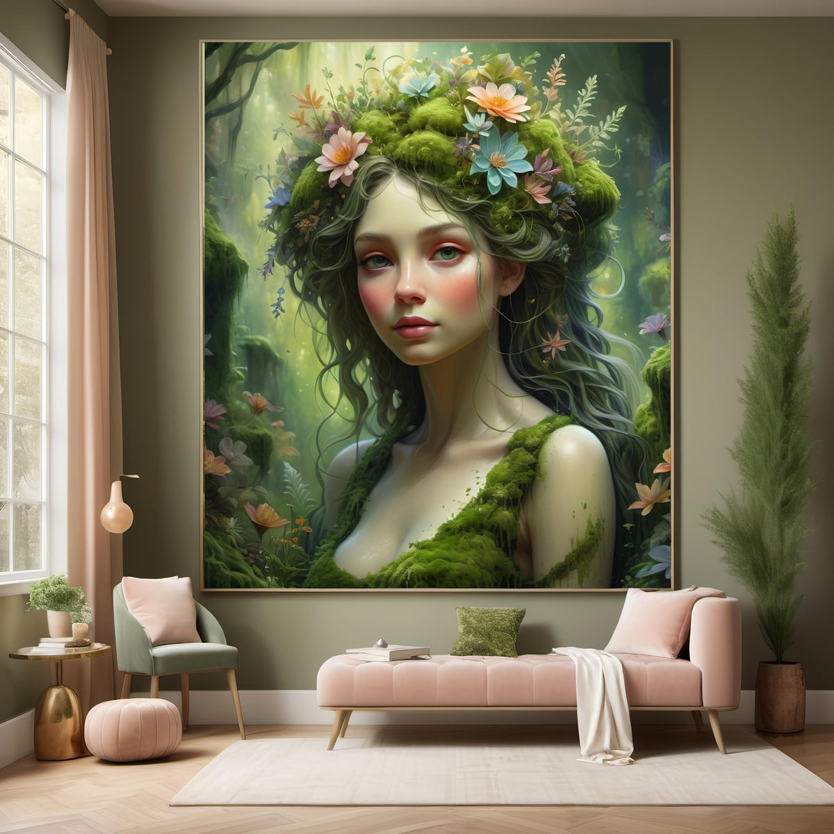 Ethereal Moss Maiden Art Print: Dreamy Floral Nature Goddess (Digital Download)