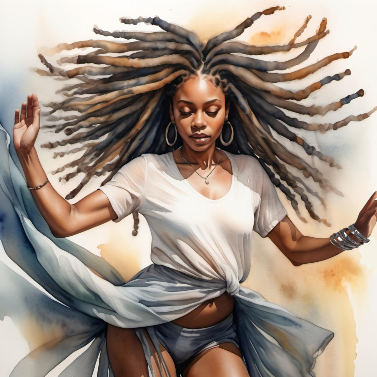 Dancing Woman Watercolor Art Print: Elegant Flowing Fabric (Digital Download)
