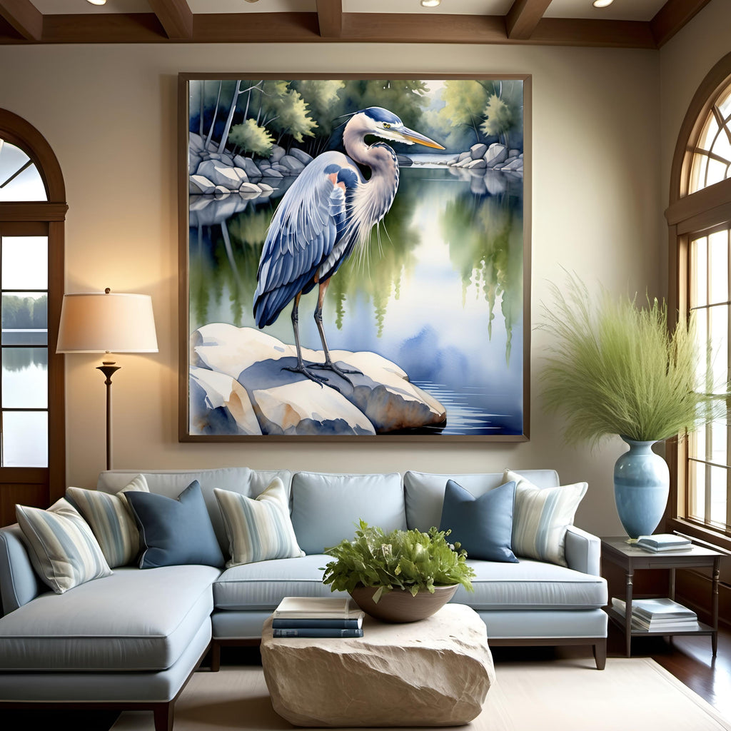 Blue Heron Lake Scene Art Print: Serene Nature Digital Download 2