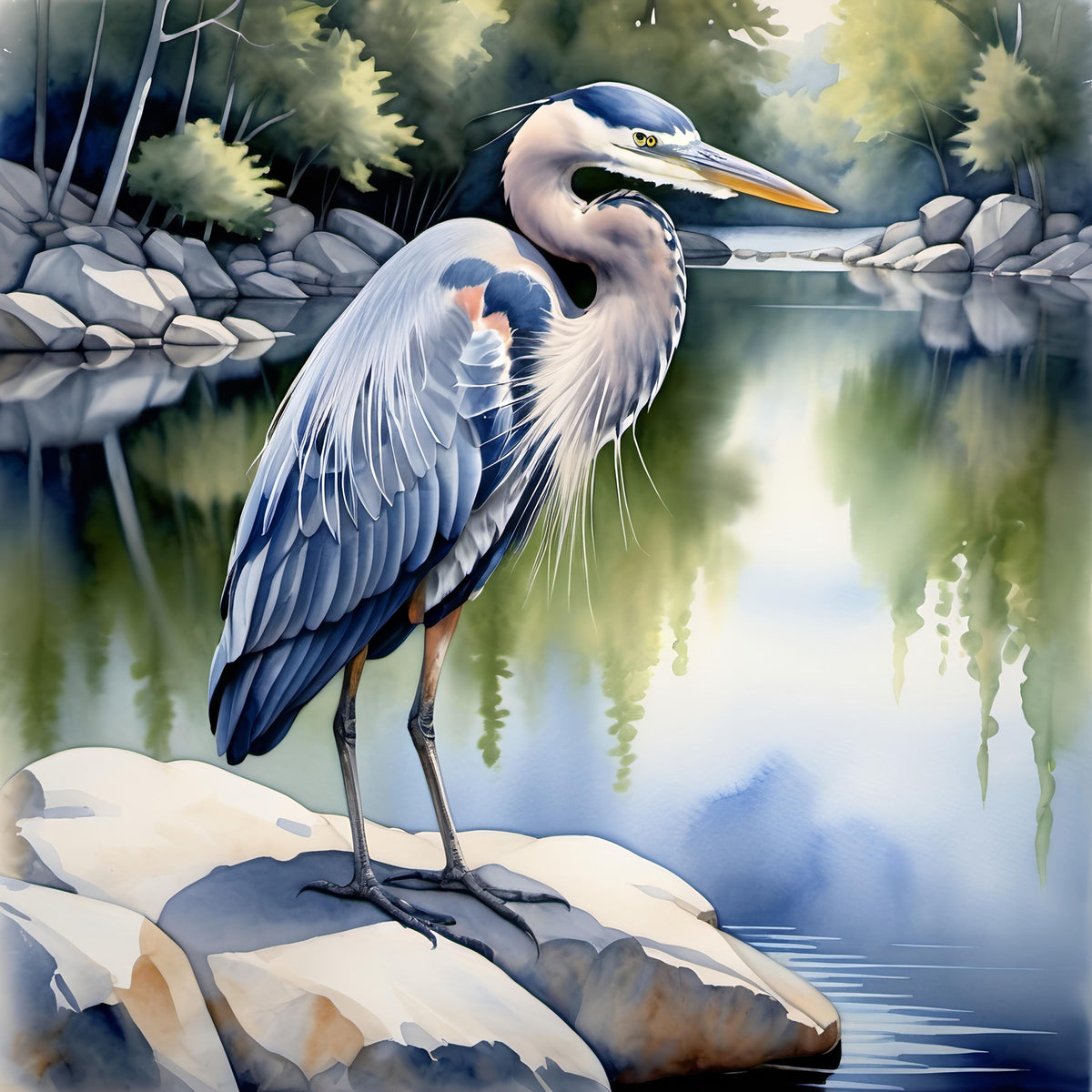 Blue Heron Lake Scene Art Print: Serene Nature Digital Download 2