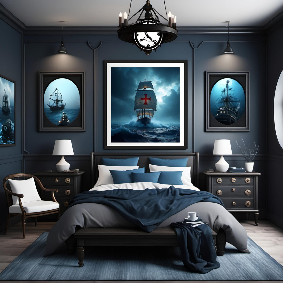 Red Cross Ship Nautical Art Print: Dramatic Ocean Seascape (Digital Download)