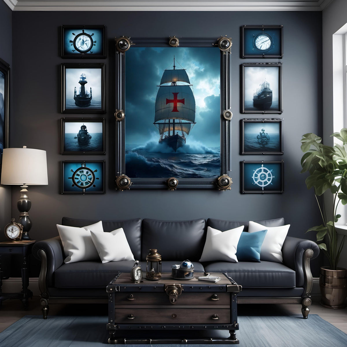 Red Cross Ship Nautical Art Print: Dramatic Ocean Seascape (Digital Download)