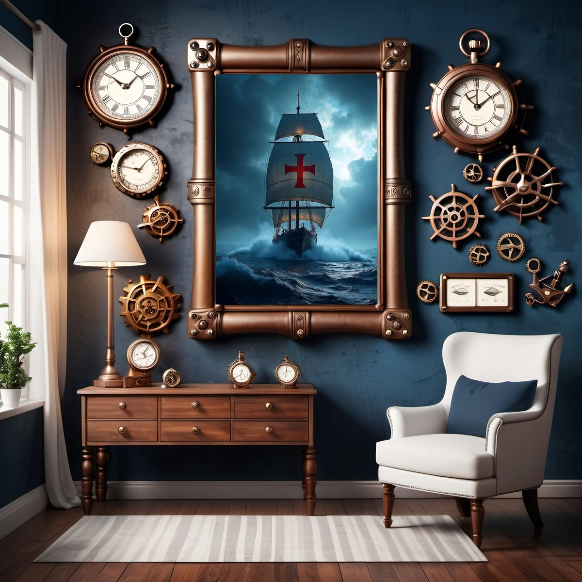 Red Cross Ship Nautical Art Print: Dramatic Ocean Seascape (Digital Download)