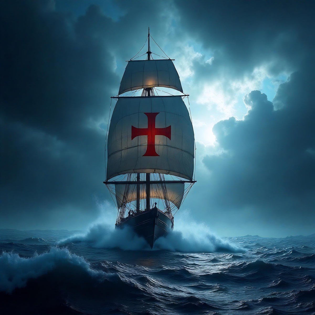 Red Cross Ship Nautical Art Print: Dramatic Ocean Seascape (Digital Download)