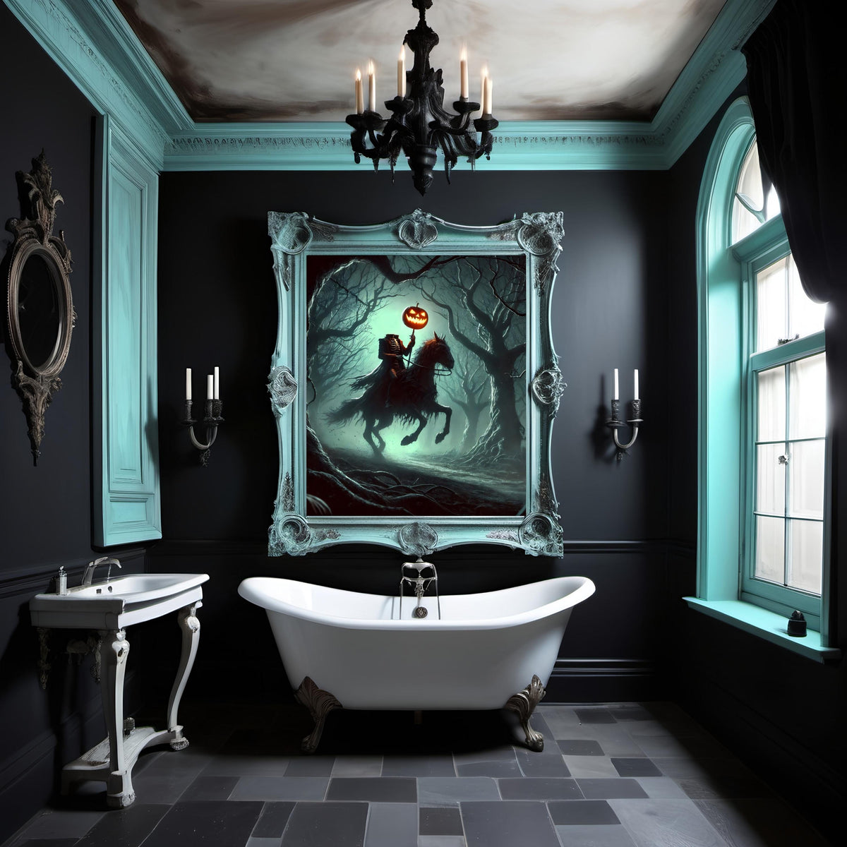 Headless Horseman Print: Gothic Halloween Art, Dark Forest Decor (Digital Download)